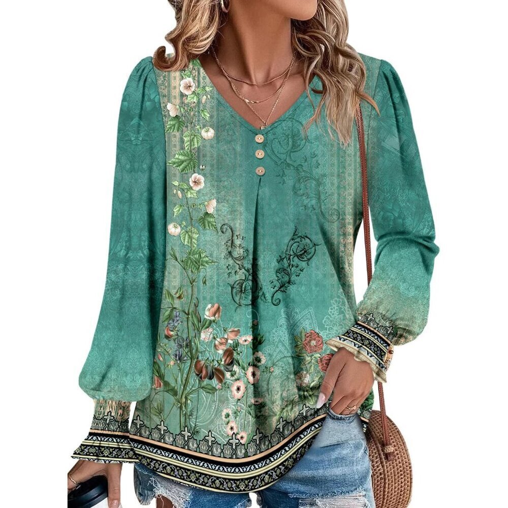 Long Sleeve Women’s Shirt Cotton V Neck Fall Casual Blouse Tunic Top S-3XL